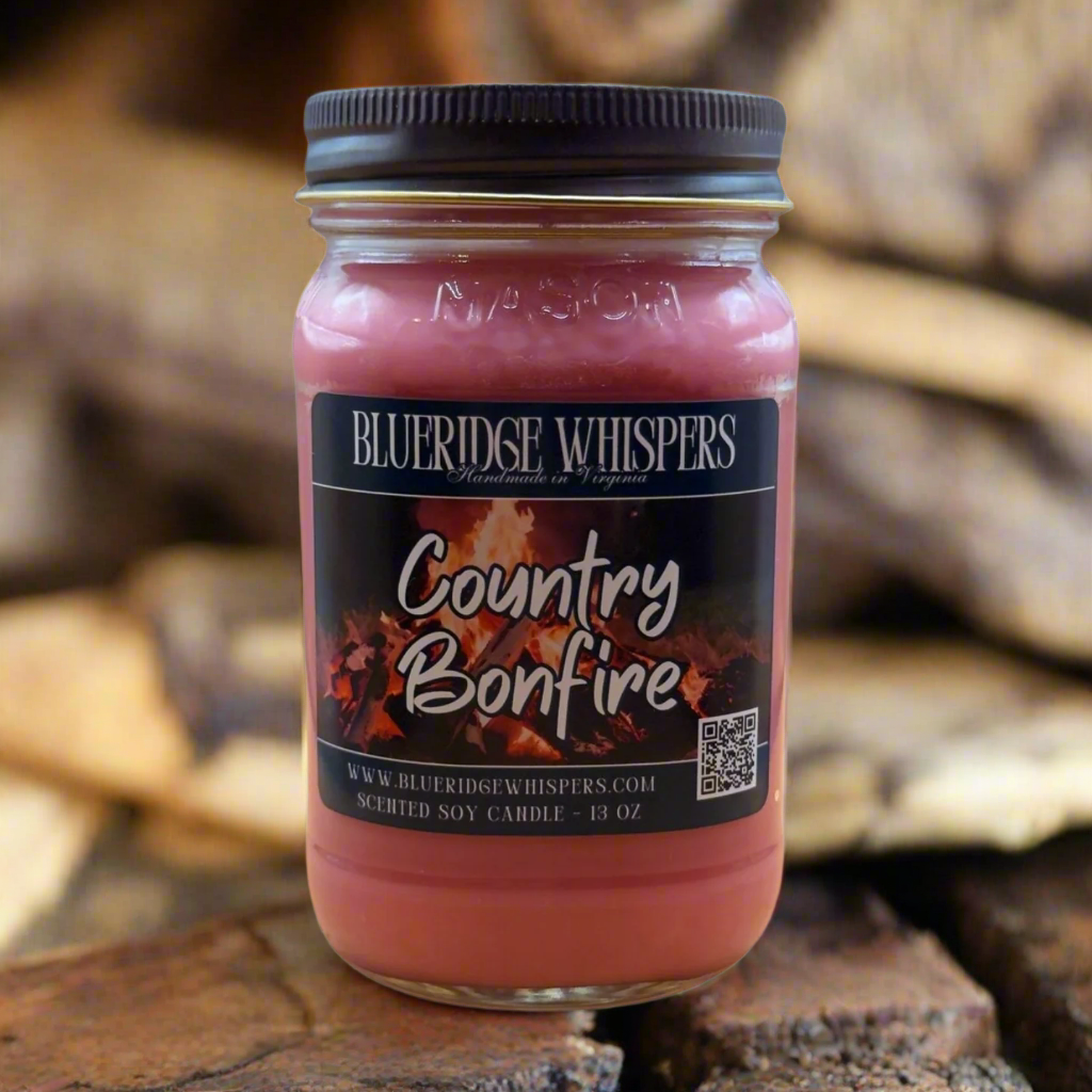 Country Bonfire 13 oz Mason Jar Soy Candle 90+ Hours Burn Time Blue Ridge Whispers