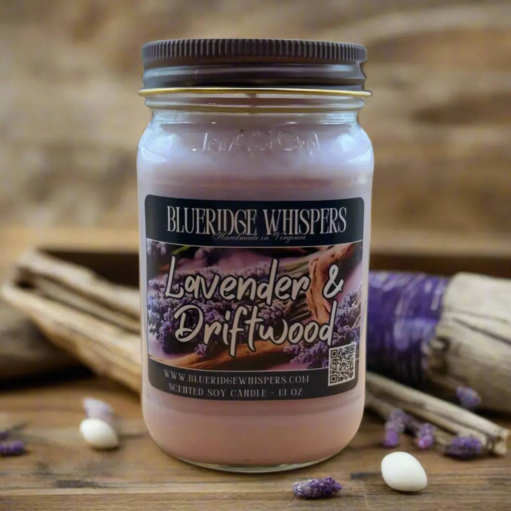 Lavender Driftwood 13 oz Mason Jar Soy Candle 90+ Hours Burn Time Blue Ridge Whispers