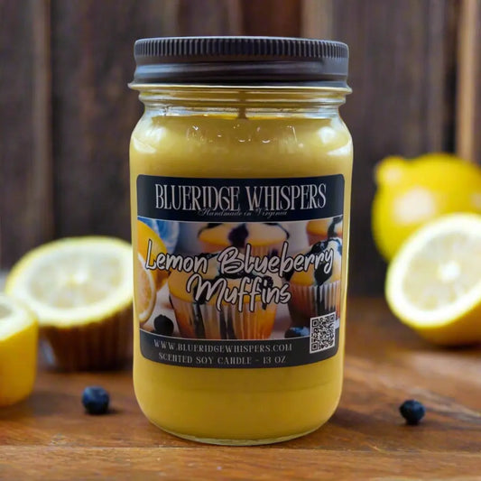 Lemon and Blueberry Muffins 13 oz Mason Jar Soy Candle 90+ Hours Burn Time Blue Ridge Whispers