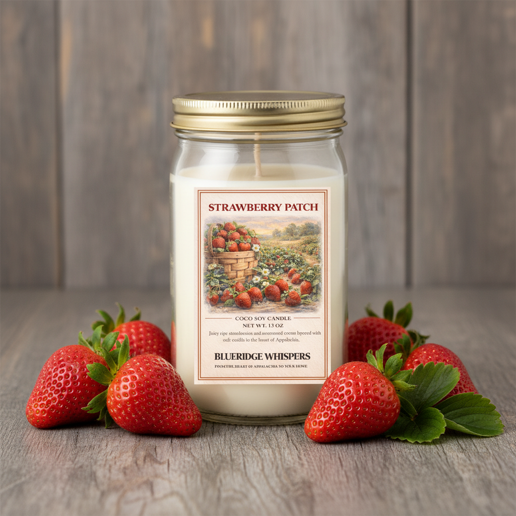 Jar candle labeled 'Strawberry Patch' by Blueridge Whispers on a white background