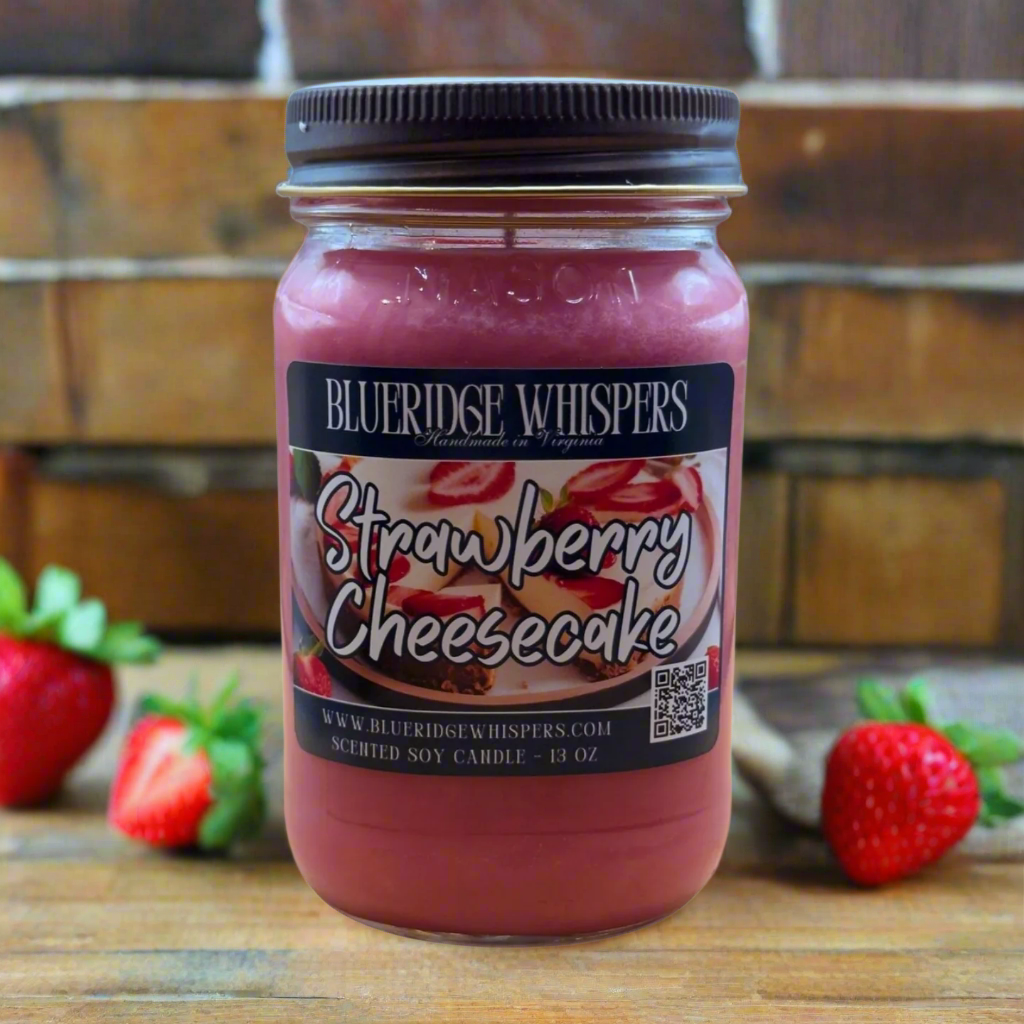 Strawberry Cheesecake 13 oz Mason Jar Soy Candle 90+ Hours Burn Time Blue Ridge Whispers