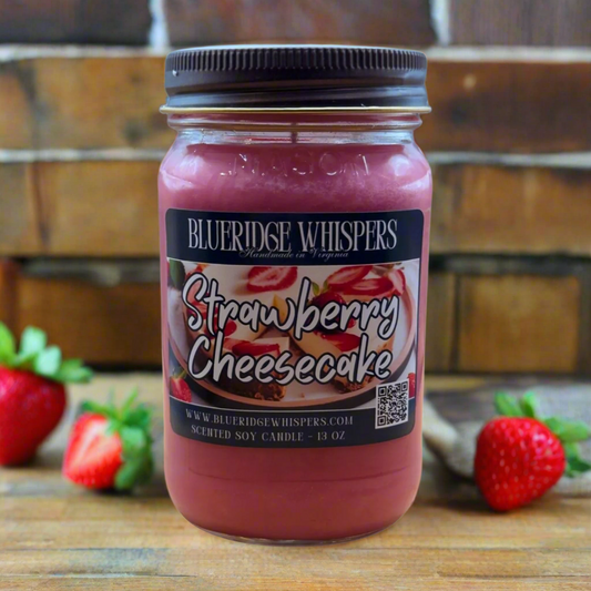 Strawberry Cheesecake 13 oz Mason Jar Soy Candle 90+ Hours Burn Time Blue Ridge Whispers