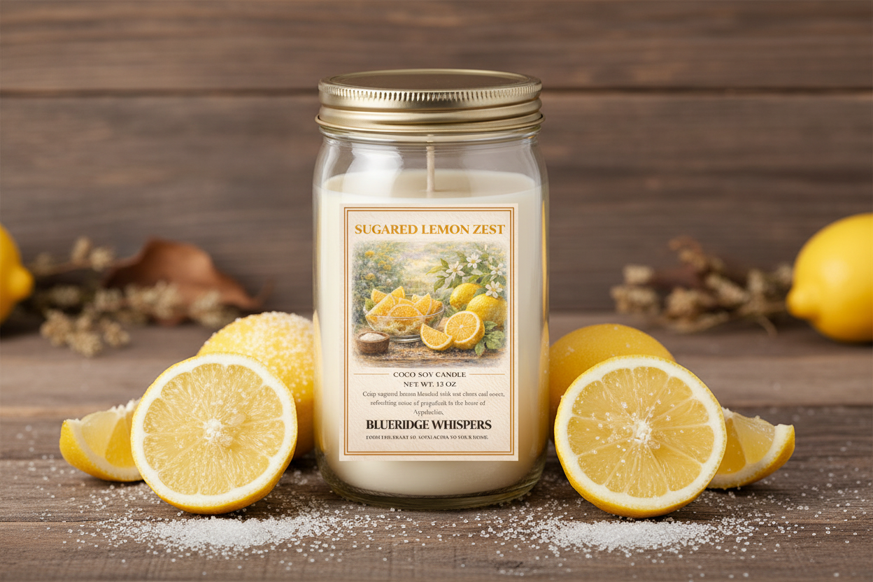 Jar candle labeled 'Sugared Lemon Zest' by Blueridge Whispers on a white background
