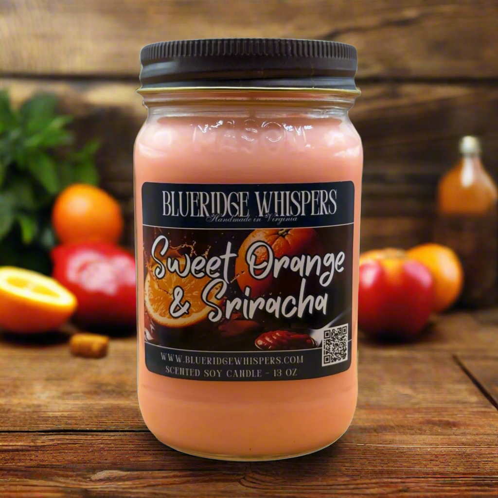 Sweet Orange & Sriracha 13 oz Mason Jar Soy Candle 90+ Hours Burn Time Blue Ridge Whispers