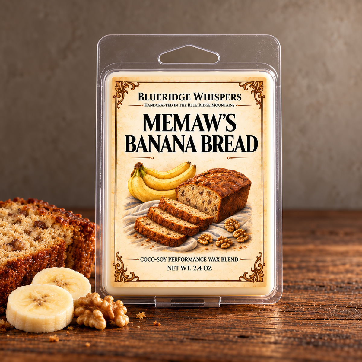 Memaw’s Banana Bread – Warm Baked Wax Melts on weathered wood against a neutral plaster wall with scent accents.