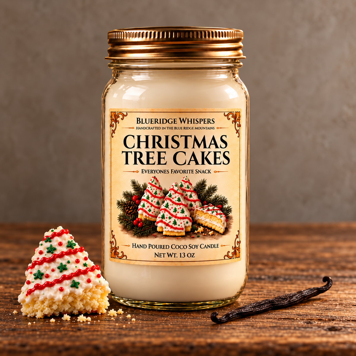 Christmas Tree Cake – Vanilla Bakery Coco-Soy Candle on weathered wood against a neutral plaster wall with small scent accents.