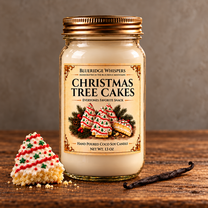 Christmas Tree Cake – Vanilla Bakery Coco-Soy Candle on weathered wood against a neutral plaster wall with small scent accents.