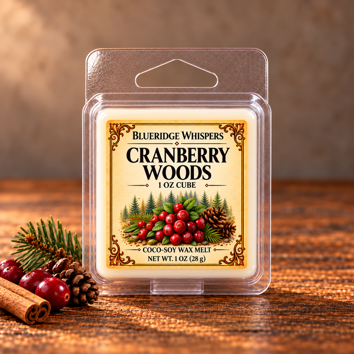 Cranberry Woods 1 oz cube in a clear single-cube clamshell, front label facing forward