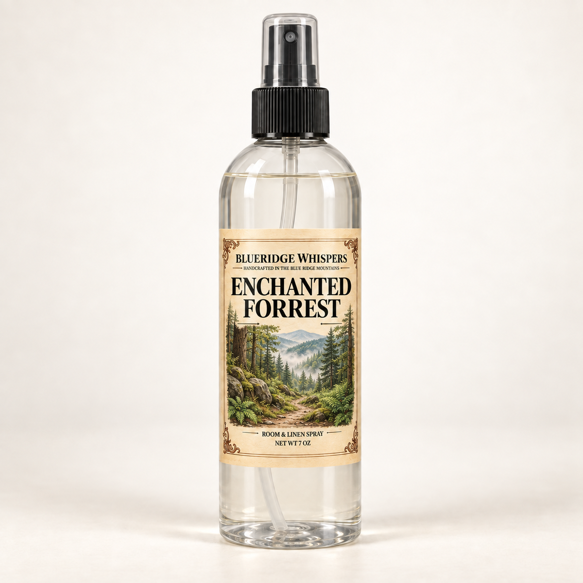 Enchanted Forrest room and fabric spray by BlueRidge Whispers, net weight 7 oz, with a woodland parchment label, clear bottle, and black fine-mist sprayer.