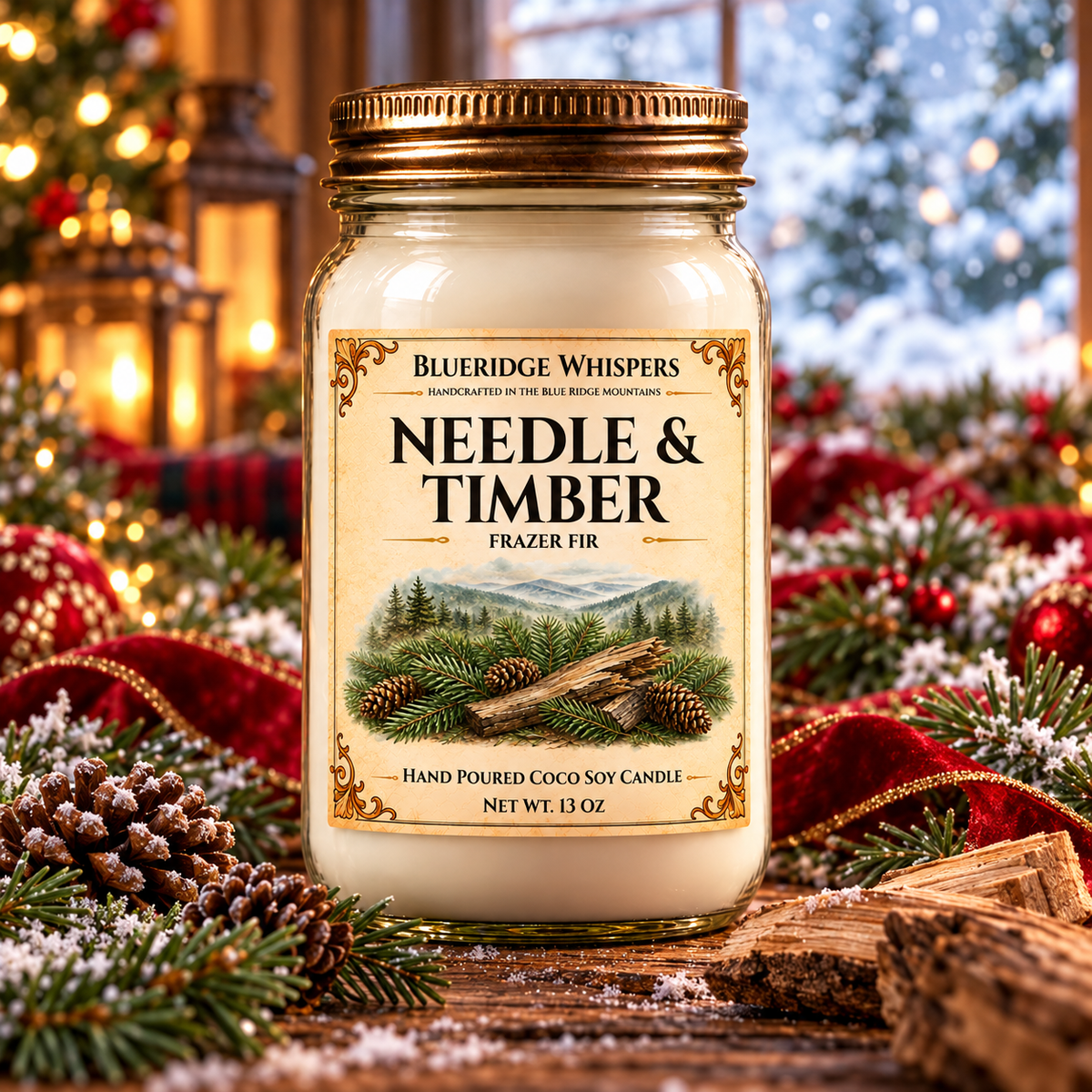 Needle and Timber candle in a festive winter Appalachian product portrait with holiday greenery.
