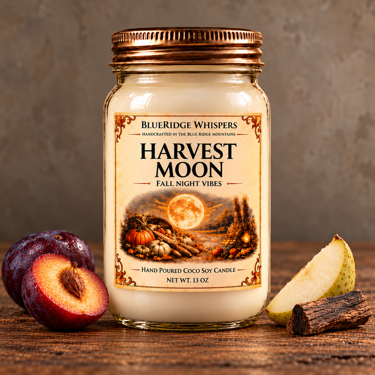 Hollow Harvest Moon – Plum & Smoke Coco-Soy Candle on weathered wood against a neutral plaster wall with small scent accents.