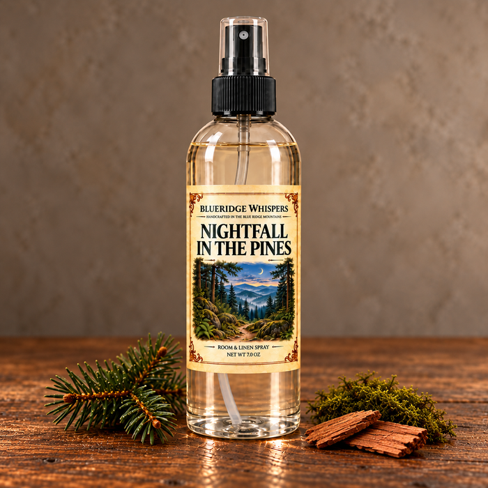 Nightfall in the Pines Room & Fabric Spray in a neutral rustic indoor setting with scent accents