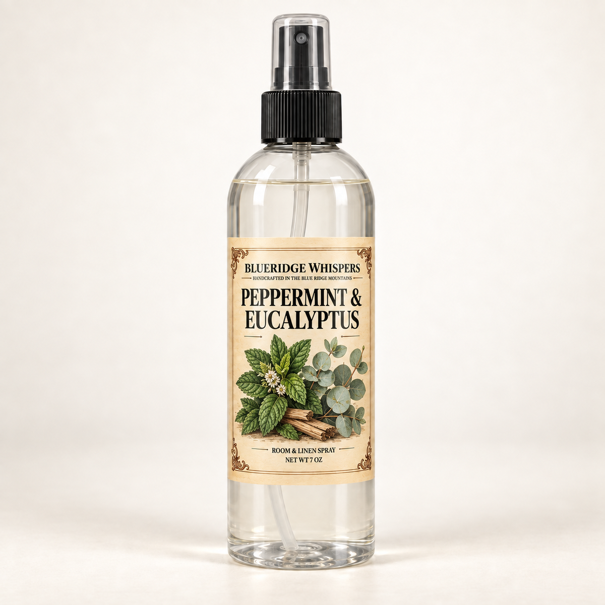 Peppermint & Eucalyptus room and fabric spray by BlueRidge Whispers, net weight 7 oz, with a botanical parchment label, clear bottle, and black fine-mist sprayer.