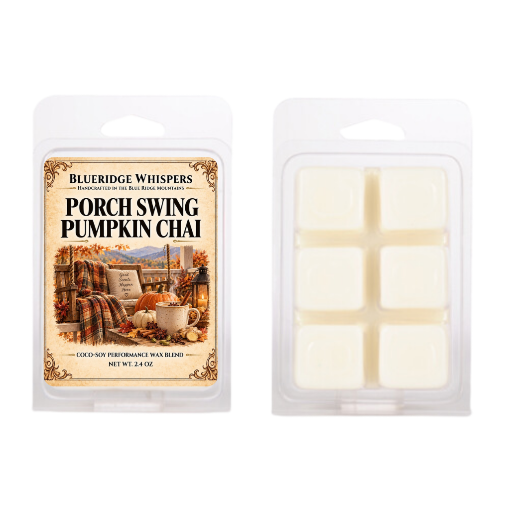 Porch Swing Pumpkin Chai 2.4 oz coco-soy wax melts by BlueRidge Whispers, front label and six-cube clamshell.