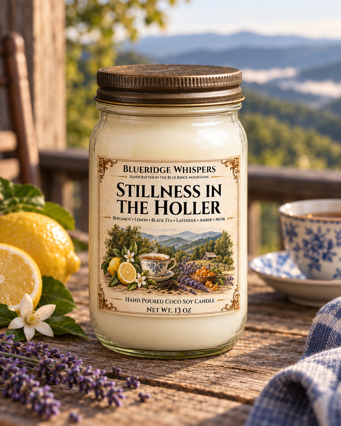 Stillness in the Holler 13 oz coco-soy candle in a clear mason jar with bronze lid, tea and lavender label, photographed on a mountain porch.