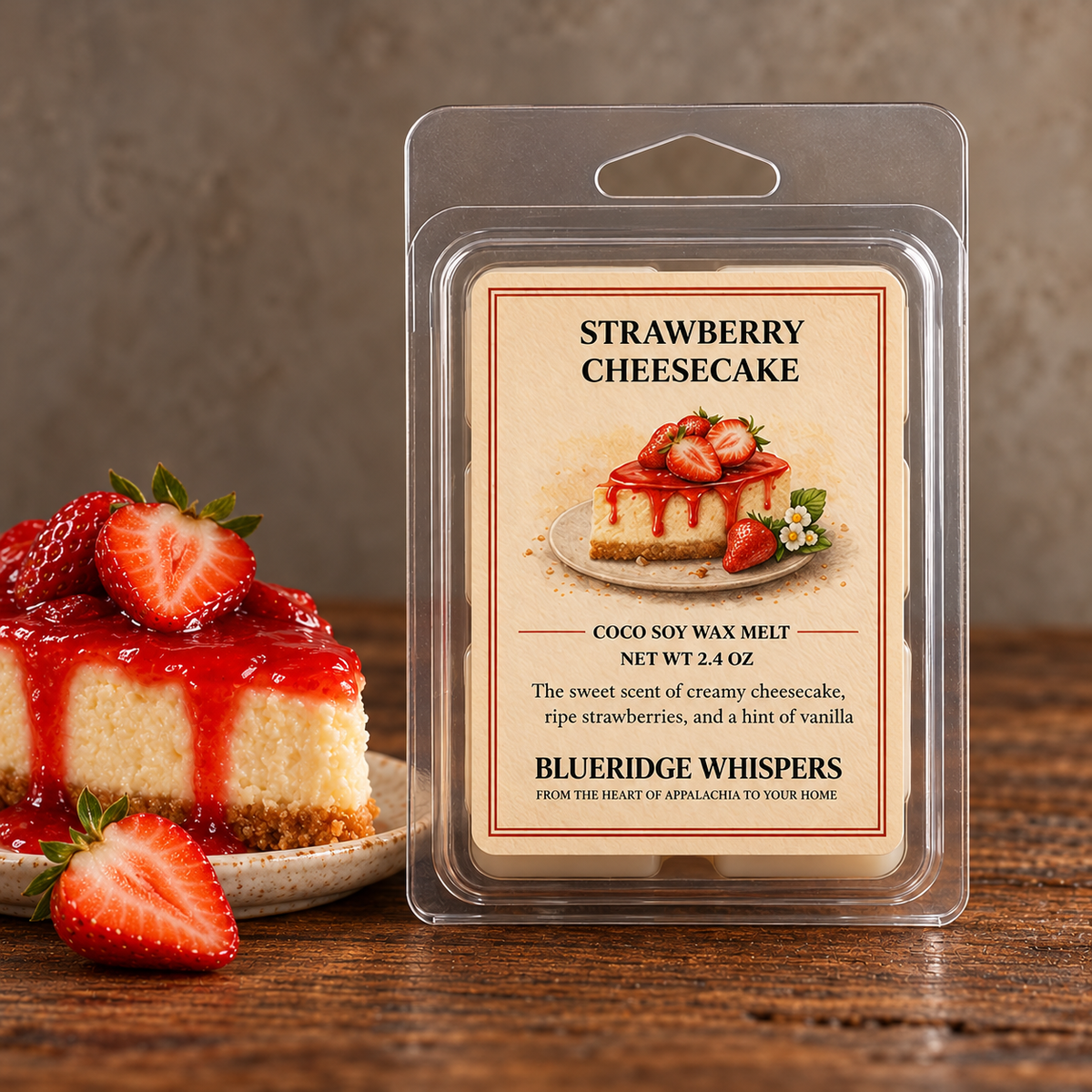 Strawberry Cheesecake Wax Melts – Sweet Dessert Scent in a rustic indoor setting with scent accents