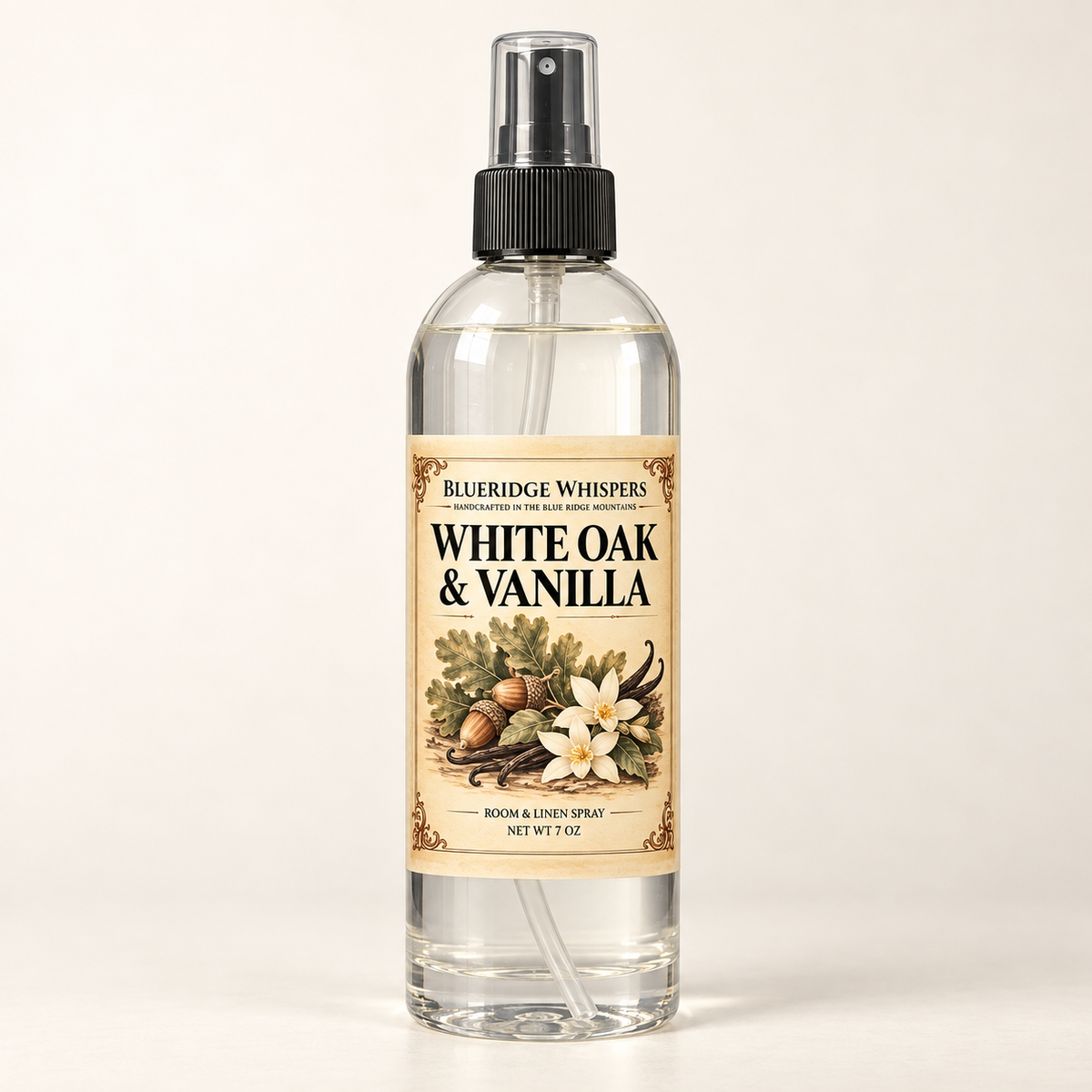 White Oak & Vanilla room and fabric spray by BlueRidge Whispers, net weight 7 oz, clear bottle with black fine-mist sprayer and parchment label.