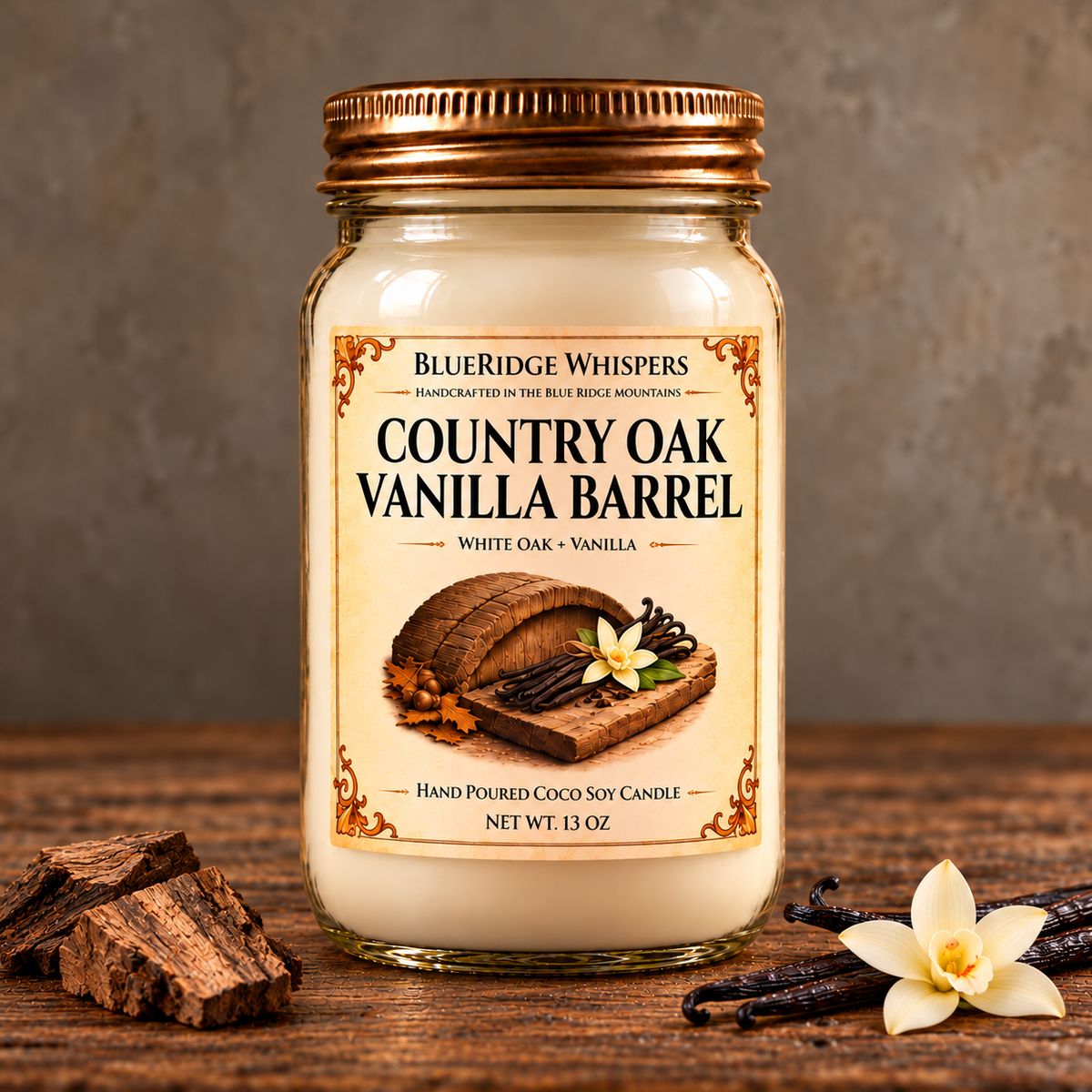 Country Oak Vanilla Barrel – Oak & Vanilla Coco-Soy Candle on weathered wood against a neutral plaster wall with small scent accents.