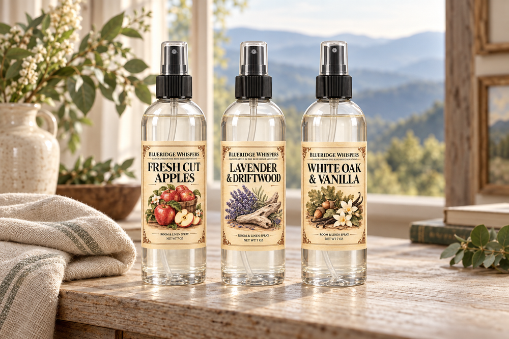 Fresh Cut Apples, Lavender & Driftwood, and White Oak & Vanilla room and fabric sprays, each net weight 7 oz, beside folded linens and a mountain view.
