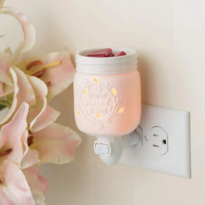 Candle Warmers Etc Pluggable Fragrance Warmer- Decorative Plug-in for Warming Scented Candle Wax Melts and Tarts or Fragrance Oils, Mason Jar White Porcelain Blue Ridge Whispers