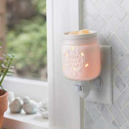 Candle Warmers Etc Pluggable Fragrance Warmer- Decorative Plug-in for Warming Scented Candle Wax Melts and Tarts or Fragrance Oils, Mason Jar White Porcelain Blue Ridge Whispers