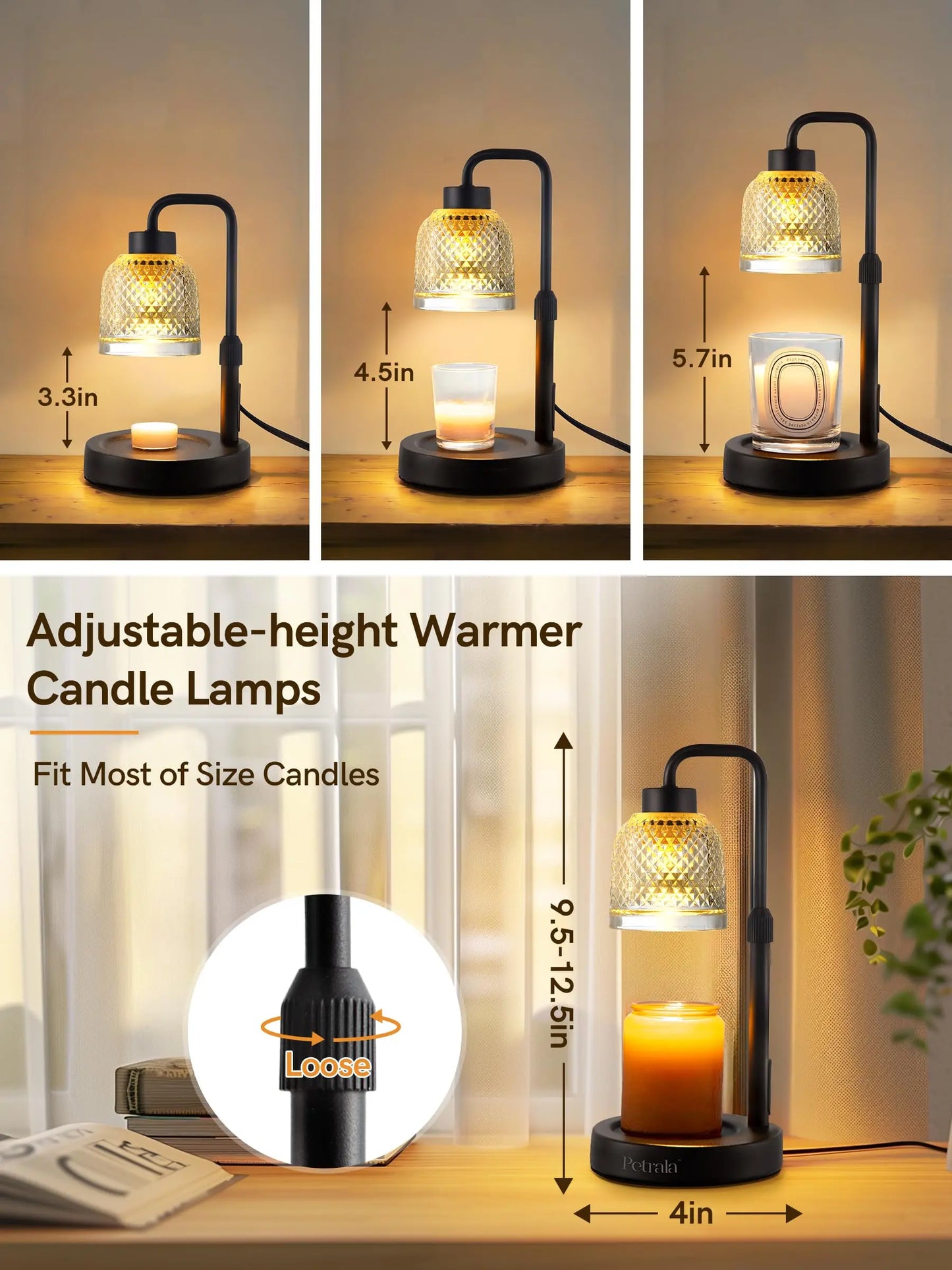 Candle Warmer Lamp with Timer and Dimmer Gourd Mirror-Glass Electric Wax Melt Warmer,Flameless Scented Candle Warmer Adjustable Height Candle Lamp Warmer with 2 Bulbs Home Decor & Best Gift for Her Petrala