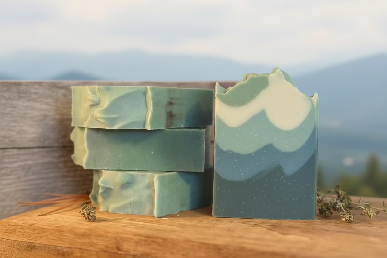 Appalachian Trail Soap - Green soap bars with a leaf pattern on a wooden surface