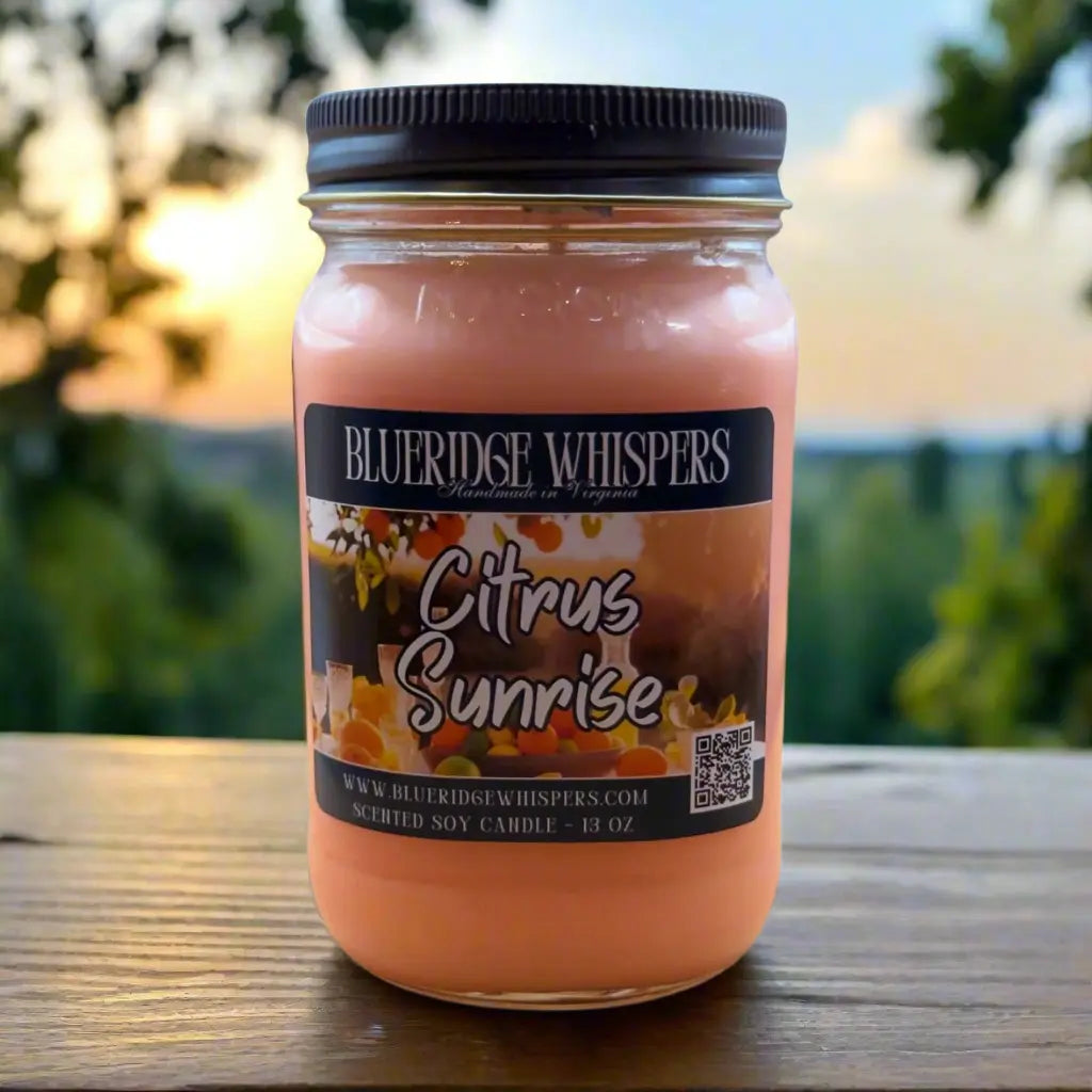Citrus Sunrise 13 oz Mason Jar Soy Candle 90+ Hours Burn Time Blue Ridge Whispers