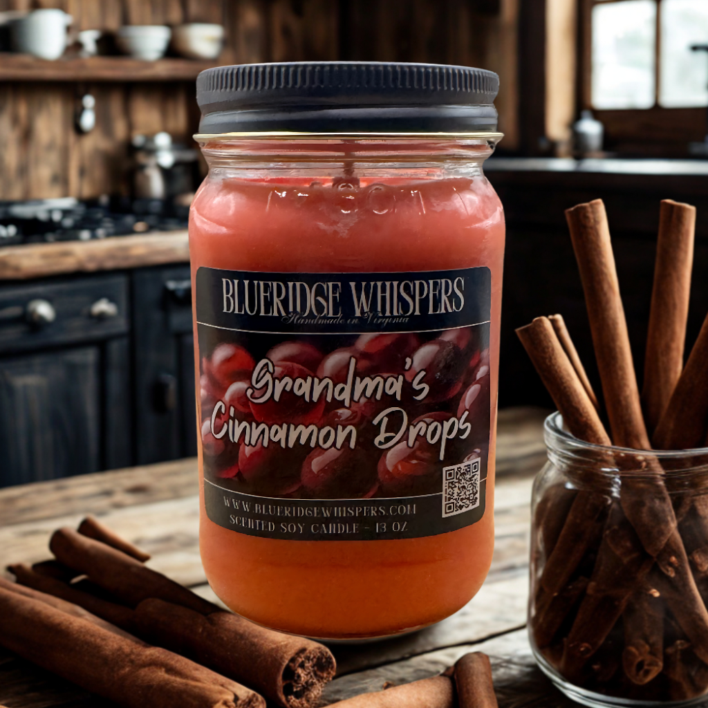 Grandma's Cinnamon Drops handmade soy candle in 16oz mason jar with cinnamon spice scent