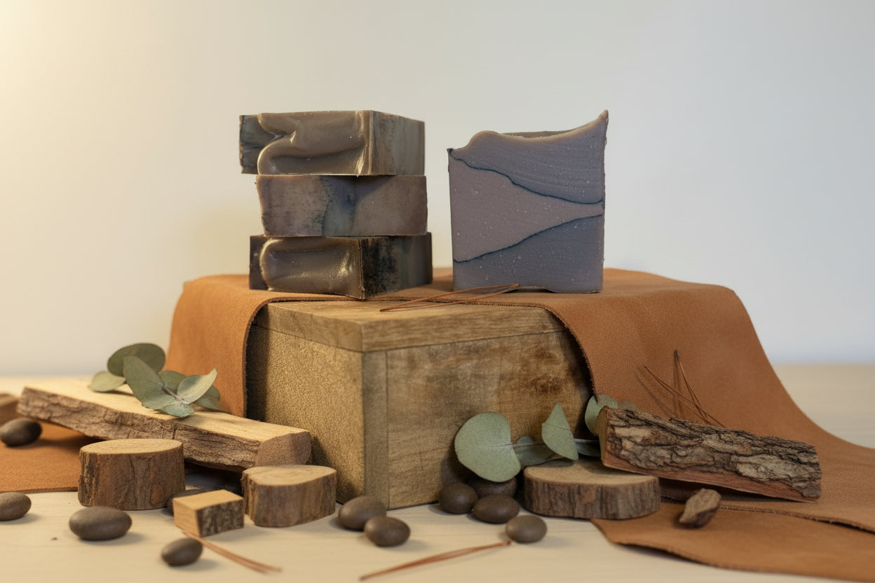 Three bars of soap on a wooden block with a neutral background
