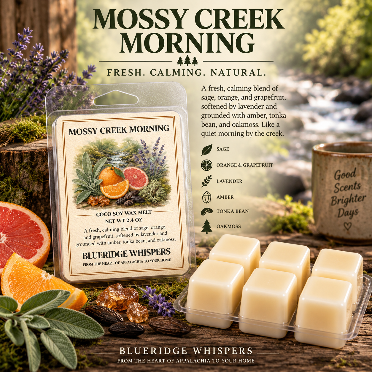 Blueridge Whispers Mossy Creek Morning coco soy wax melts in a clear plastic clamshell package, shown alongside several white wax melts in a clear tray on a rustic wooden surface with citrus slices, lavender, and a mug in the background.