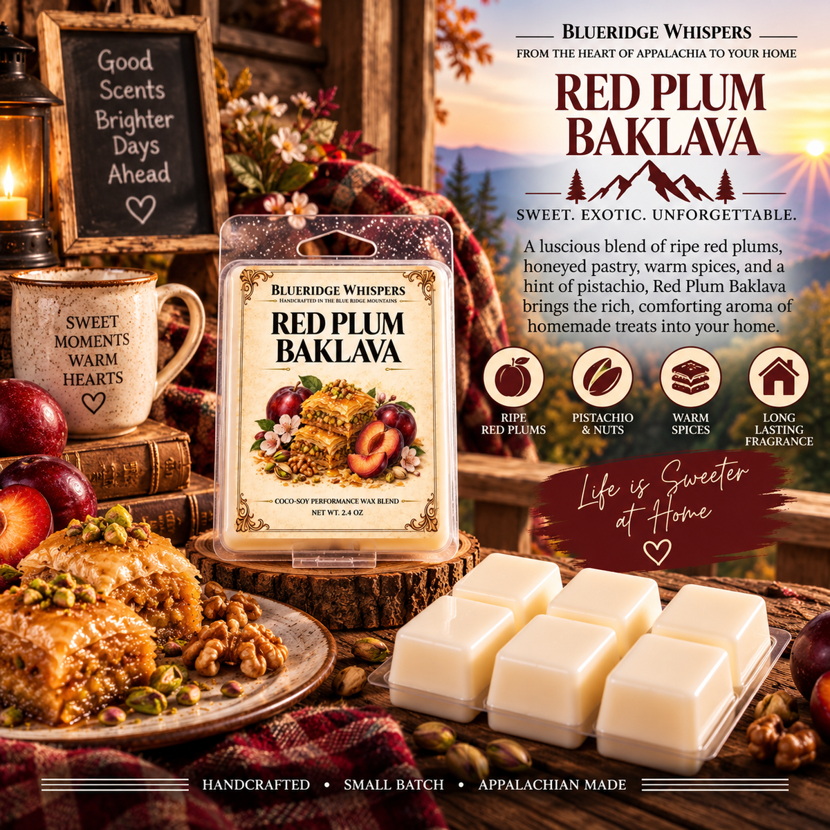 Blueridge Whispers Red Plum Baklava coconut pomade wax melts in a clear plastic clamshell package, displayed on a rustic wood slice with sliced red plums, walnuts, and a bowl of food nearby. The background is a warm, cozy autumnal kitchen scene with a chalkboard, mug, and decorative elements, accompanied by product information text and icons on the right.