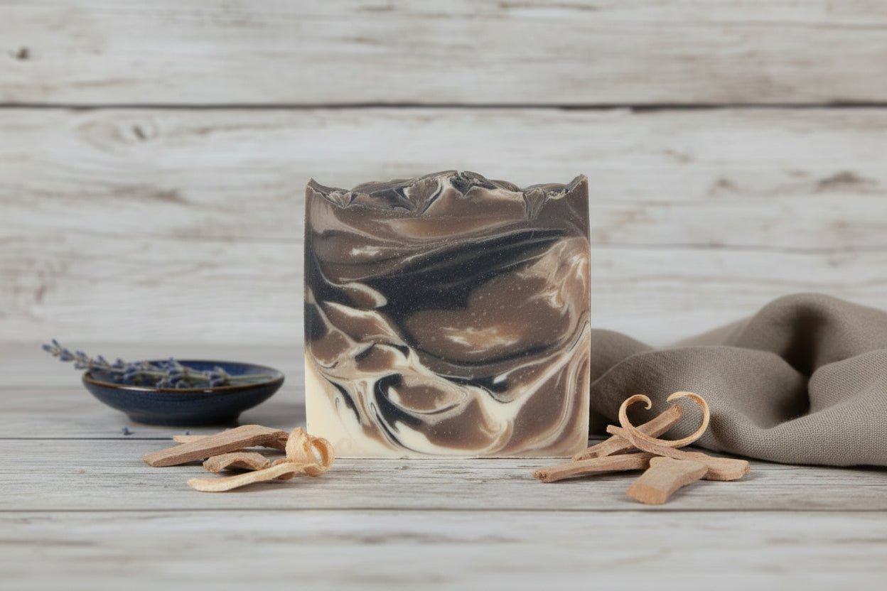 Swirled brown and white soap bar on a wooden surface with a neutral background