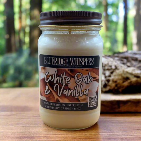 White Oak and Vanilla 13 oz Mason Jar Soy Candle 90+ Hours Burn Time Blue Ridge Whispers
