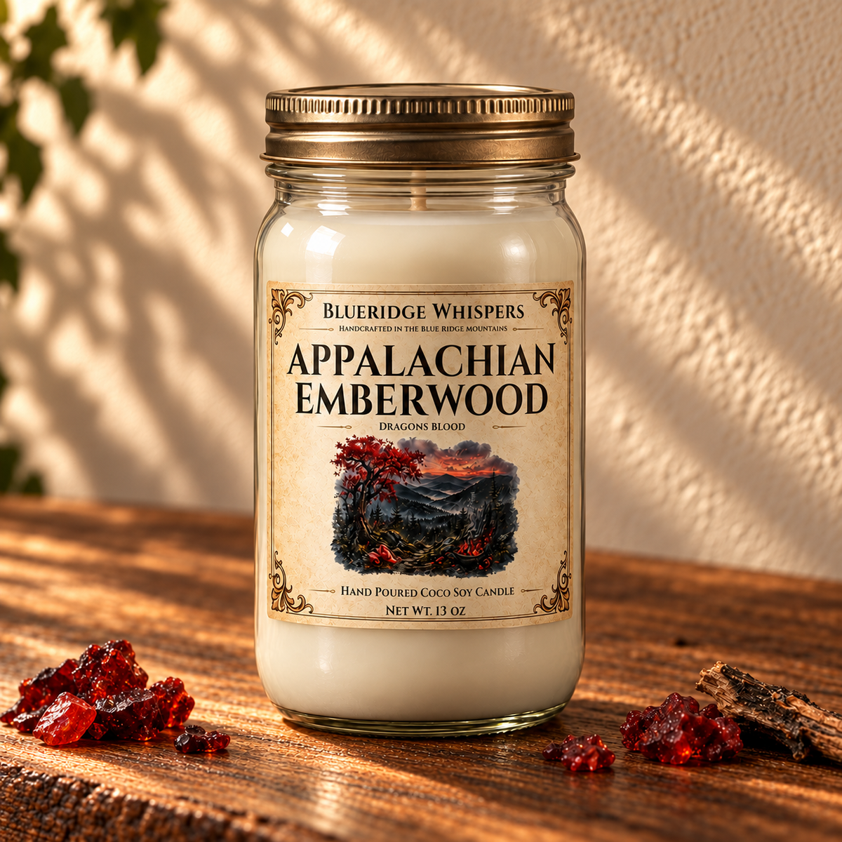Appalachian Emberwood – Dragon’s Blood Coco-Soy Candle on a dark rustic wooden table with scent accents in warm natural light.