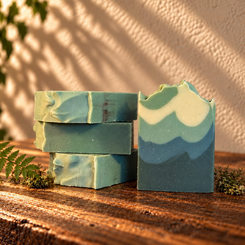 Appalachian Trail Soap Handcrafted Soap on a dark rustic wooden table with scent accents in warm natural light.