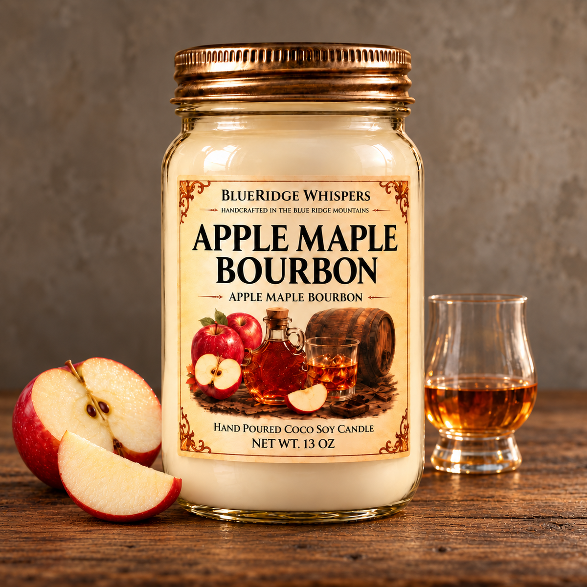 Apple Maple Bourbon candle on weathered wood against a neutral plaster wall, with apple and bourbon scent accents.