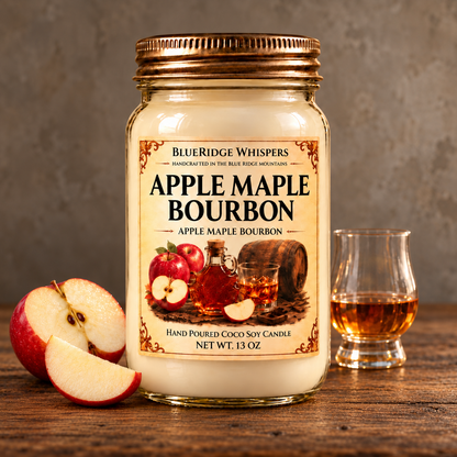 Apple Maple Bourbon candle on weathered wood against a neutral plaster wall, with apple and bourbon scent accents.