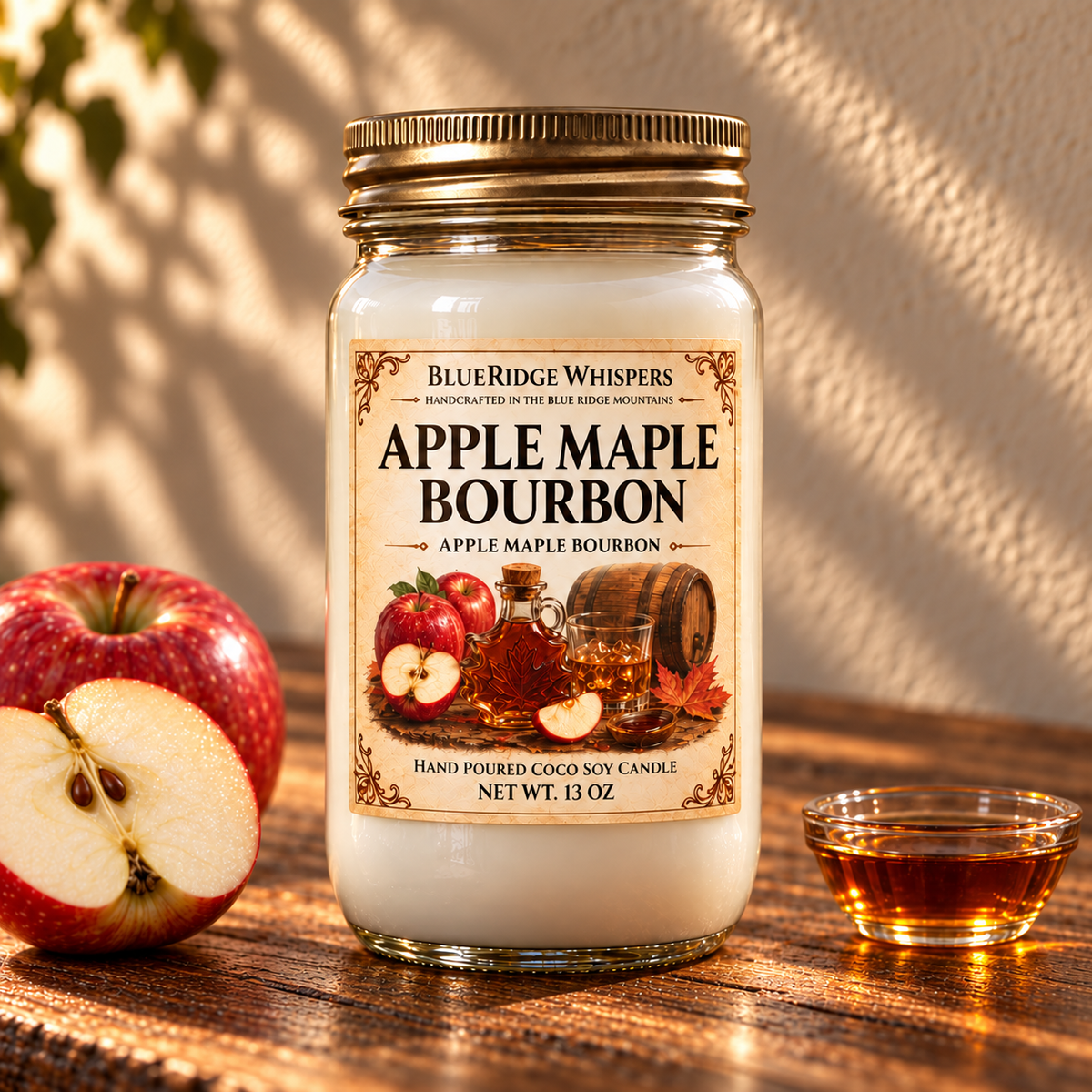 Apple Maple Bourbon – Spiced Apple Coco-Soy Candle on a dark rustic wooden table with scent accents in warm natural light.