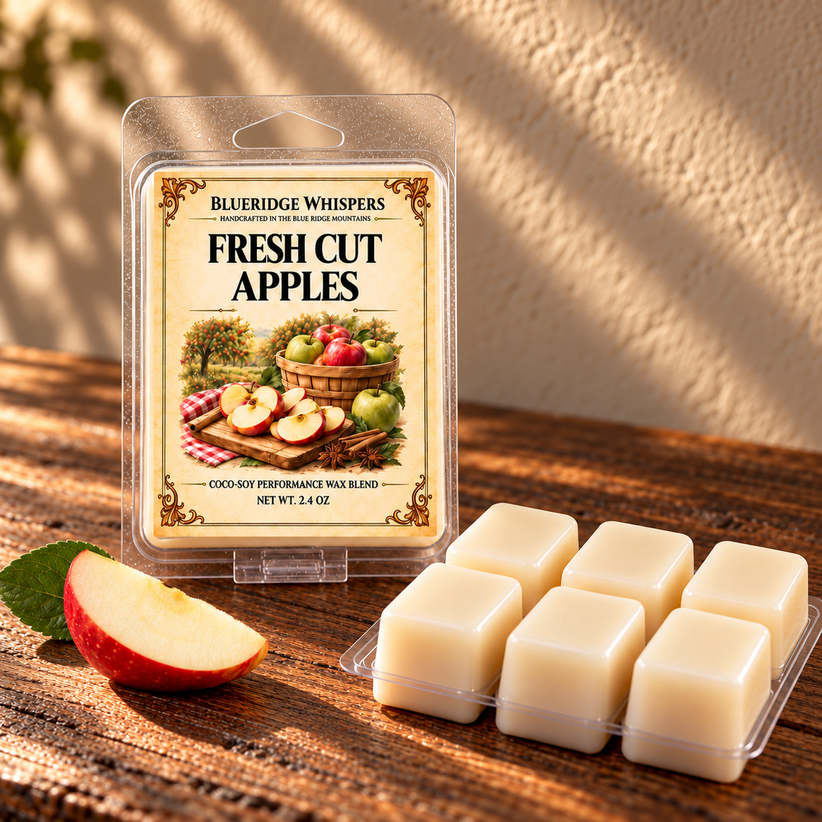 Fresh Cut Apple Scented Wax Melts on a dark rustic wooden table with scent accents in warm natural light.
