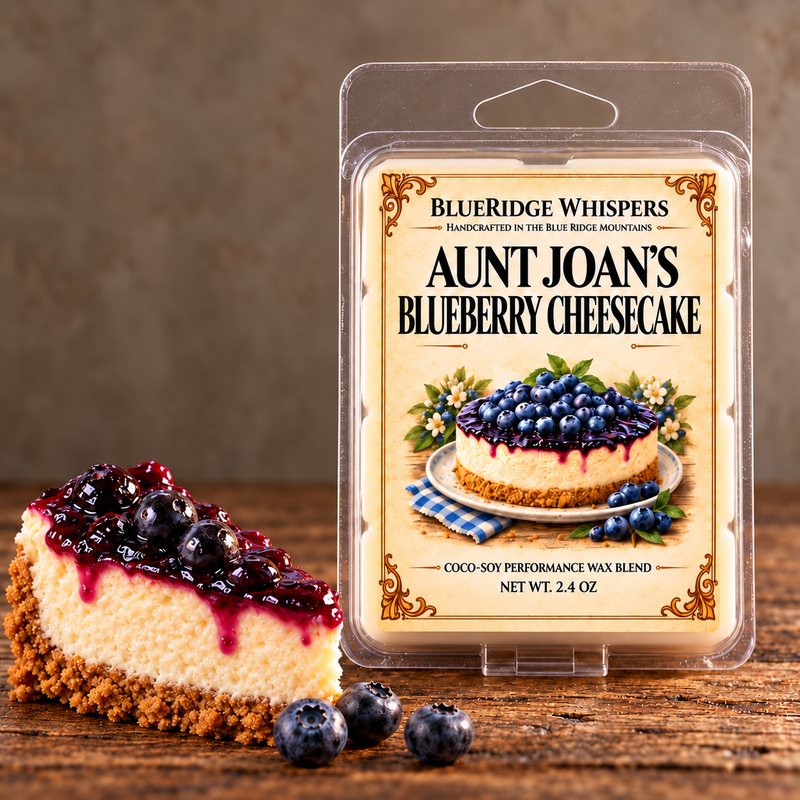 Aunt Joans Blueberry Cheesecake Soy Wax Melts on weathered wood against a neutral plaster wall with scent accents.