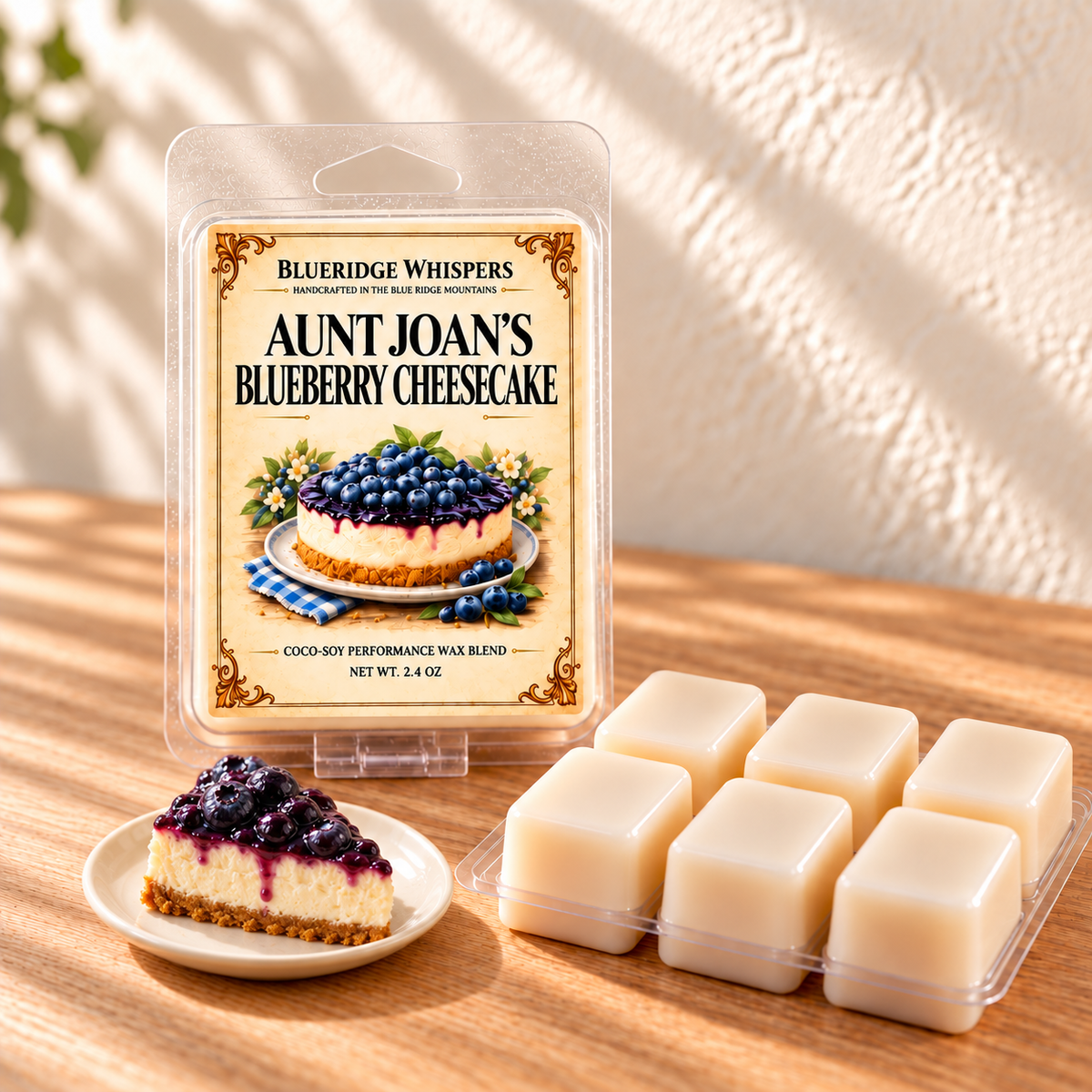Aunt Joans Blueberry Cheesecake Soy Wax Melts — minimal main photo with a slice of blueberry cheesecake on a plate