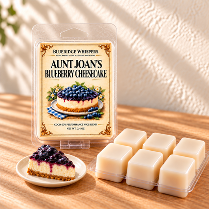 Aunt Joans Blueberry Cheesecake Soy Wax Melts — minimal main photo with a slice of blueberry cheesecake on a plate