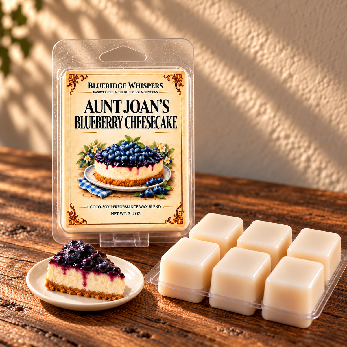 Aunt Joans Blueberry Cheesecake Soy Wax Melts on a dark rustic wooden table with scent accents in warm natural light.