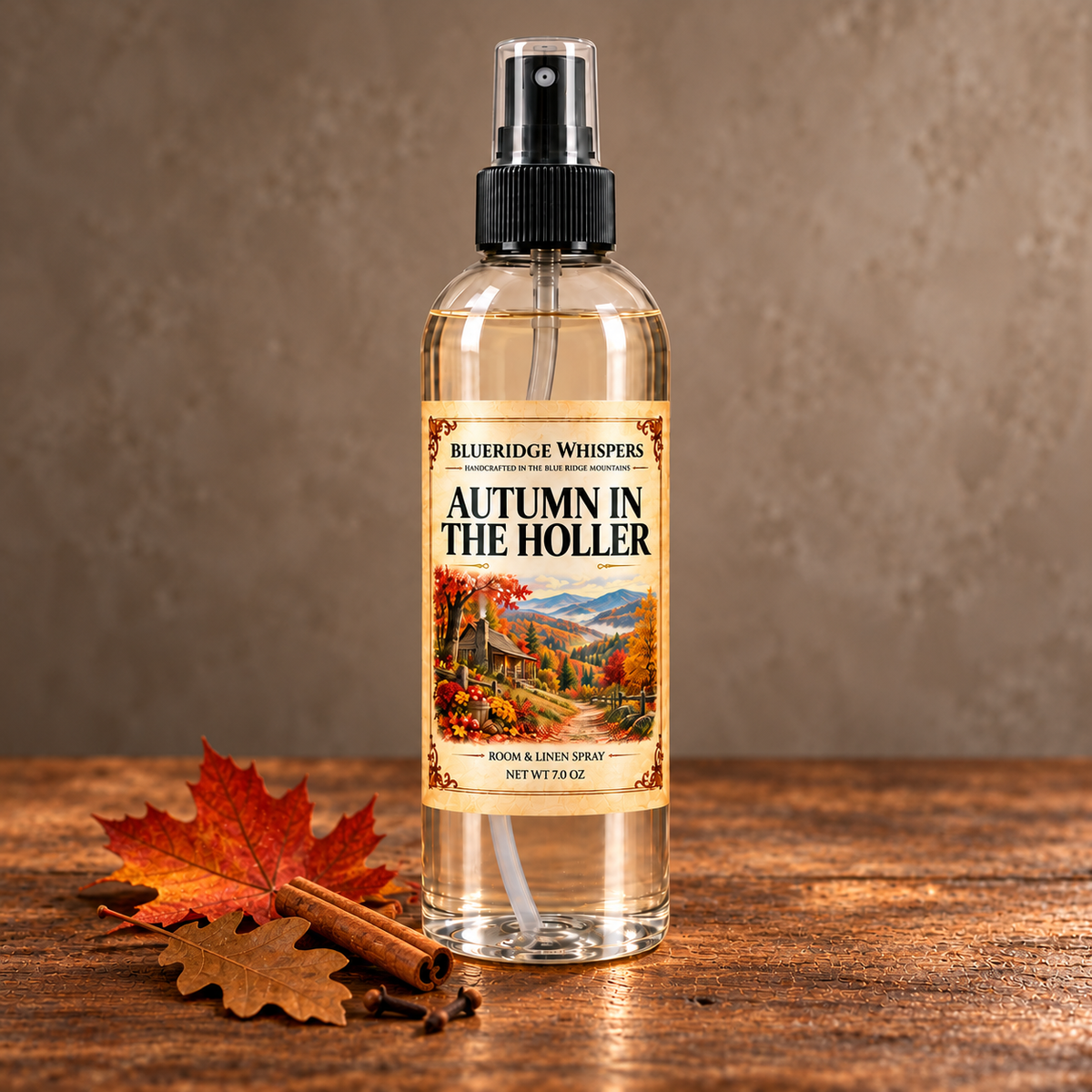 Autumn in the Holler Room & Fabric Spray in a neutral rustic indoor setting with scent accents