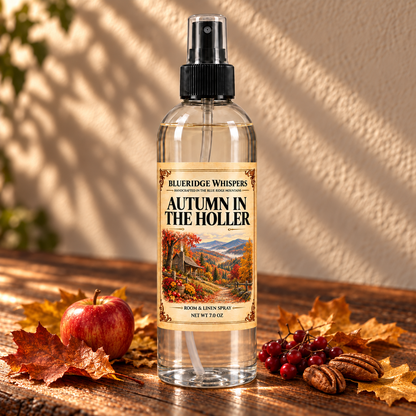 BlueRidge Whispers Autumn in the Holler Room & Fabric Spray, 7 oz net weight, in a clear bottle with a black fine-mist sprayer and illustrated parchment label