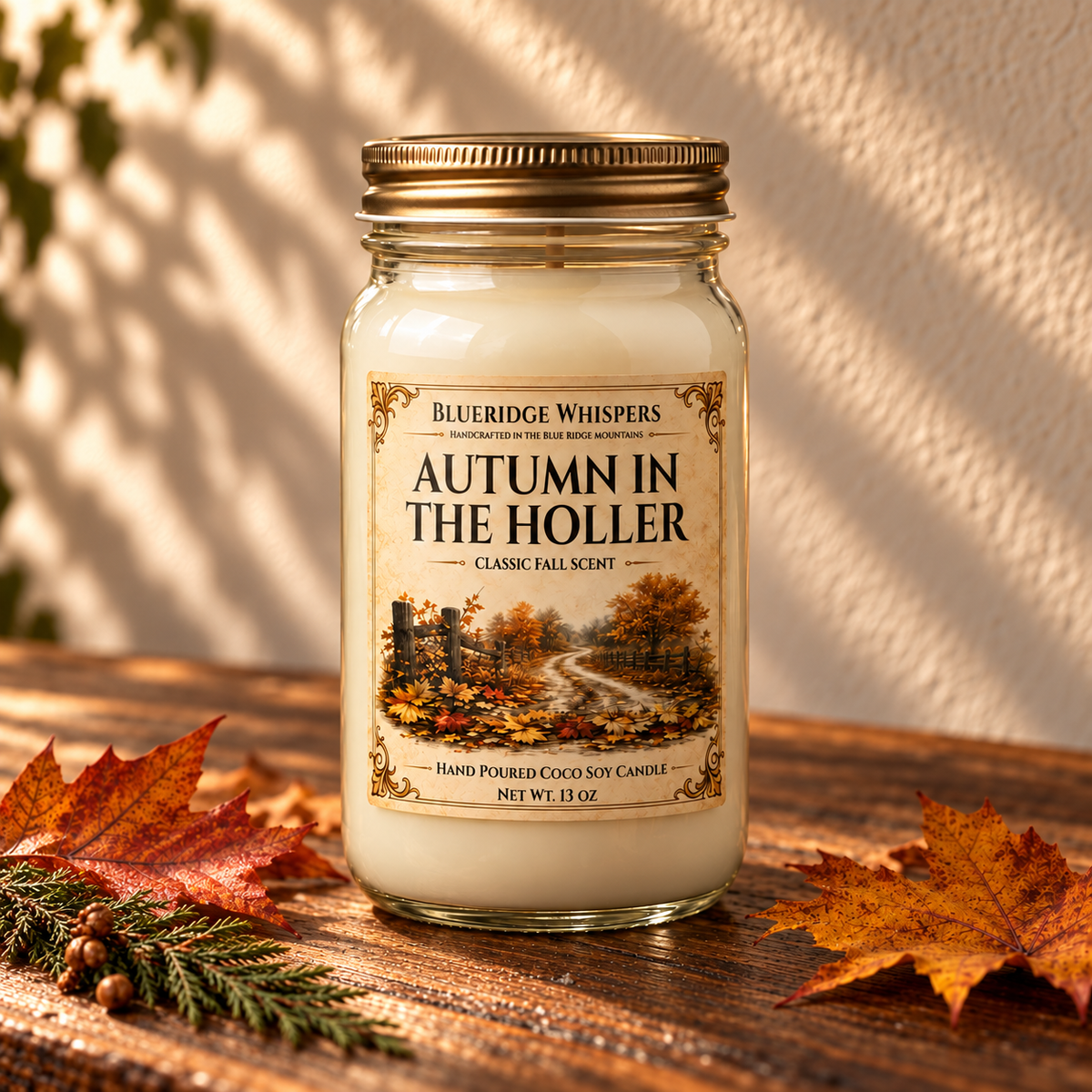 Autumn in the Holler – Fallen Leaves Coco-Soy Candle on a dark rustic wooden table with scent accents in warm natural light.