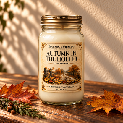 Autumn in the Holler – Fallen Leaves Coco-Soy Candle on a dark rustic wooden table with scent accents in warm natural light.