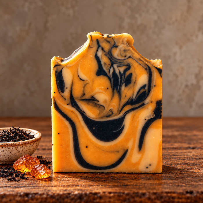 Autumn Tea & Amber Handmade Soap in a rustic indoor setting with ingredient accents