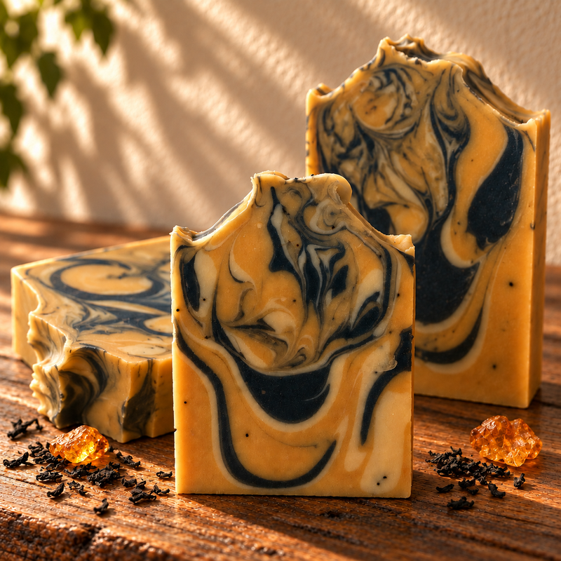 Autumn Tea & Amber Handmade Soap on a dark rustic wooden table with scent accents in warm natural light.